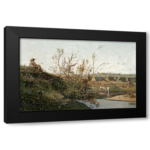 LAbreuvoir Black Modern Wood Framed Art Print with Double Matting by Harpignies, Henri-Joseph