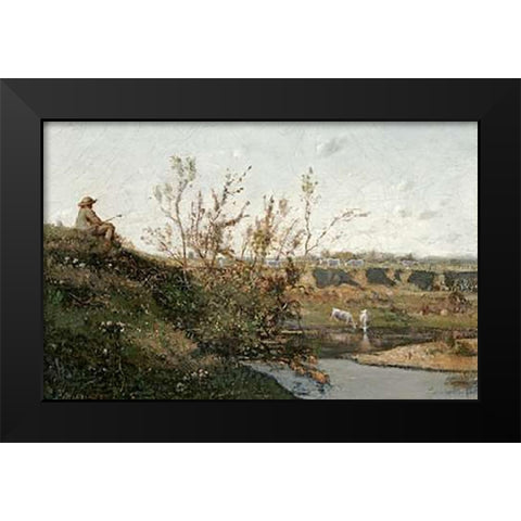 LAbreuvoir Black Modern Wood Framed Art Print by Harpignies, Henri-Joseph
