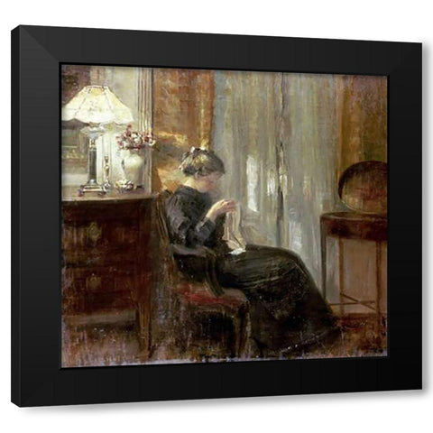 A Woman Sewing In An Interior Black Modern Wood Framed Art Print by Holsoe, Carl