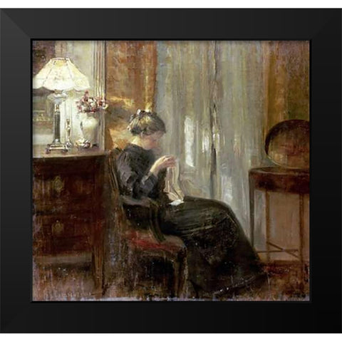 A Woman Sewing In An Interior Black Modern Wood Framed Art Print by Holsoe, Carl