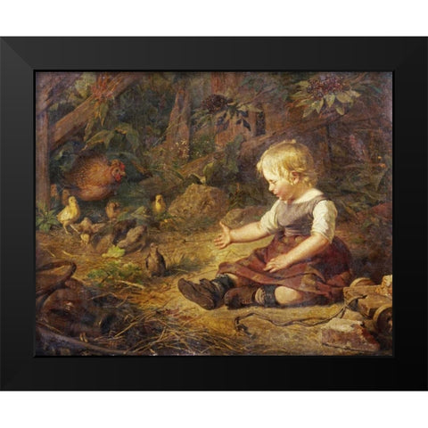 Feeding The Chickens Black Modern Wood Framed Art Print by Hornemann, Hans Adolf