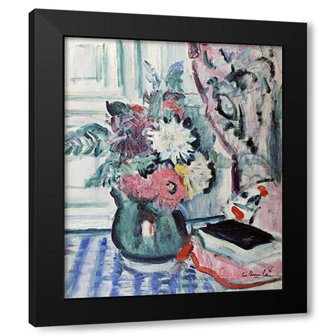 Mixed Dahlias In a Green Vase Black Modern Wood Framed Art Print with Double Matting by Hunter, George Leslie
