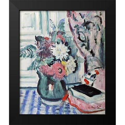 Mixed Dahlias In a Green Vase Black Modern Wood Framed Art Print by Hunter, George Leslie