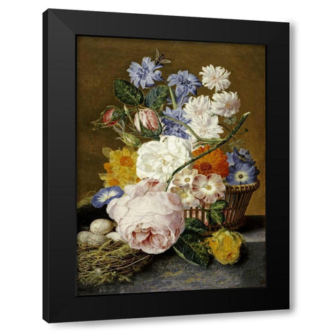 Roses, Morning Glory, Narcissi Black Modern Wood Framed Art Print with Double Matting by Van Huysum, Jan