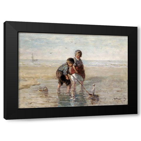 Children Playing By The Seaside Black Modern Wood Framed Art Print by Israels, Jozef