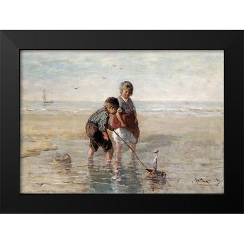 Children Playing By The Seaside Black Modern Wood Framed Art Print by Israels, Jozef