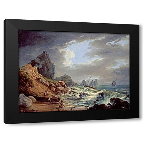 A Rocky Coastal Landscape Black Modern Wood Framed Art Print by Italian School