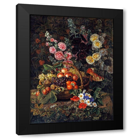 A Still Life of Flowers and a Basket of Fruit Black Modern Wood Framed Art Print with Double Matting by Jensen, Johan Laurents