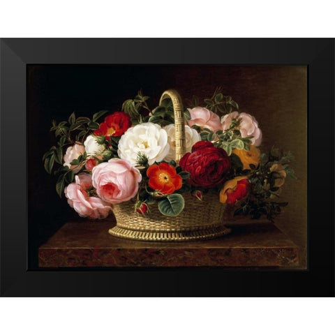 Roses In a Basket On a Ledge Black Modern Wood Framed Art Print by Jensen, Johan Laurents