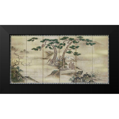 Birds, Flowers and Monkeys Six-Panel Screen Black Modern Wood Framed Art Print by Kano School
