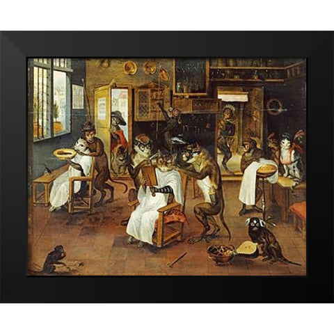 A Singerie: Monkey Barbers Serving Cats Black Modern Wood Framed Art Print by Van Kessel, Jan