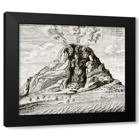 Engraving of Vesuvius Erupting Black Modern Wood Framed Art Print with Double Matting by Kircher, Athanasius
