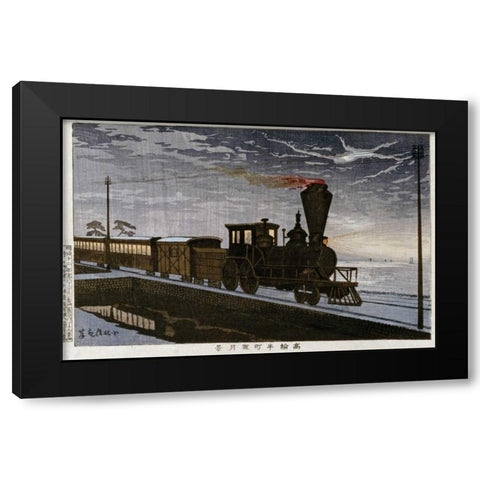 A Steam Locomotive In Hazy Moonlight Black Modern Wood Framed Art Print by Kiyochika, Kobayashi