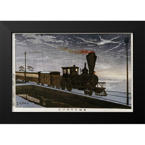 A Steam Locomotive In Hazy Moonlight Black Modern Wood Framed Art Print by Kiyochika, Kobayashi
