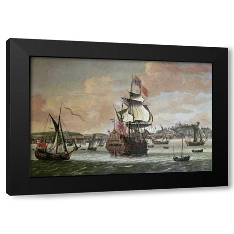 Charles II On Board a Two Decker Man-O-War Black Modern Wood Framed Art Print with Double Matting by Knijff, Jacob Knyff