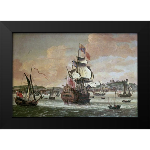 Charles II On Board a Two Decker Man-O-War Black Modern Wood Framed Art Print by Knijff, Jacob Knyff