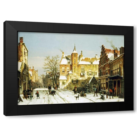 A Dutch Village In Winter Black Modern Wood Framed Art Print by Koekkoek, Willem