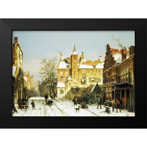 A Dutch Village In Winter Black Modern Wood Framed Art Print by Koekkoek, Willem