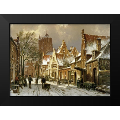 A Winter Street Scene Black Modern Wood Framed Art Print by Koekkoek, Willem