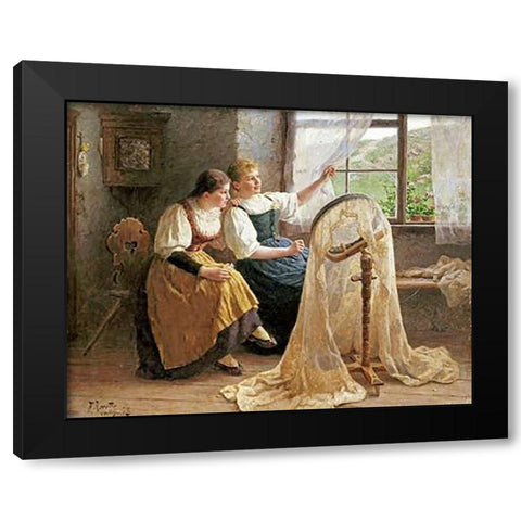 Zwei Madchen Am Strickrahmen Black Modern Wood Framed Art Print with Double Matting by Koester, Alexander Max