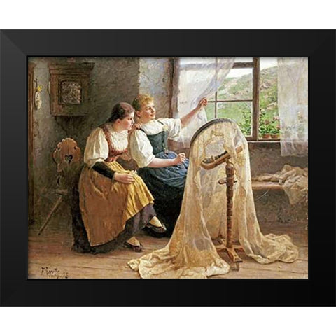 Zwei Madchen Am Strickrahmen Black Modern Wood Framed Art Print by Koester, Alexander Max