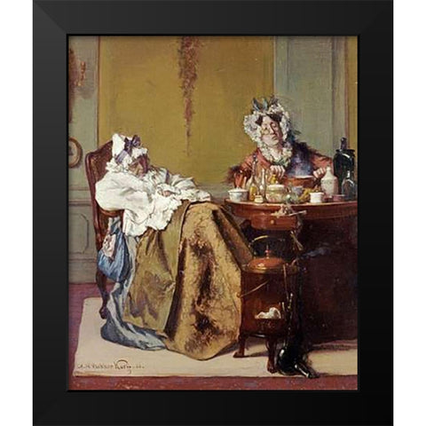 Making Medicine For The Ill Sister Black Modern Wood Framed Art Print by Korff, Alexander Hugo Bakker