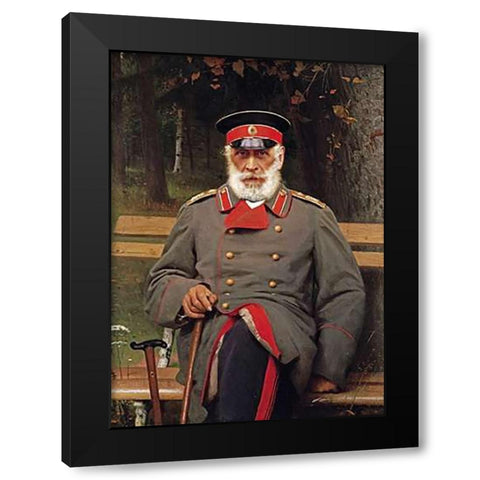 Portrait of a Russian General Seated On a Bench Black Modern Wood Framed Art Print by Kramskoi, Ivan Nikolaevich