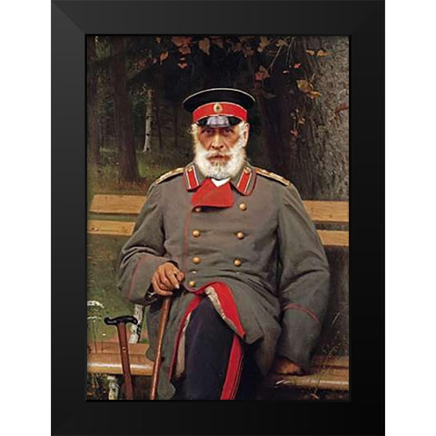Portrait of a Russian General Seated On a Bench Black Modern Wood Framed Art Print by Kramskoi, Ivan Nikolaevich