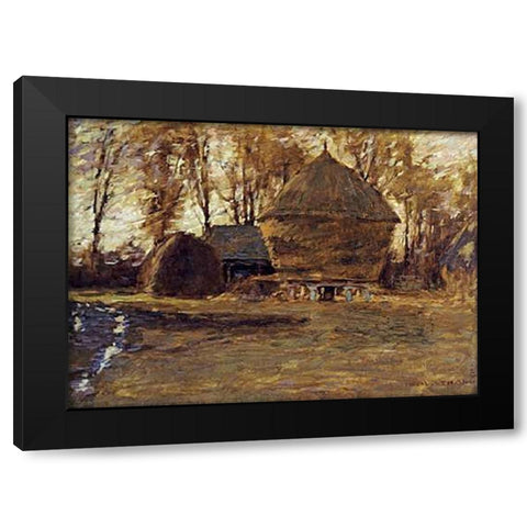 Sussex Hayricks Black Modern Wood Framed Art Print with Double Matting by La Thangue, Henry Herbert