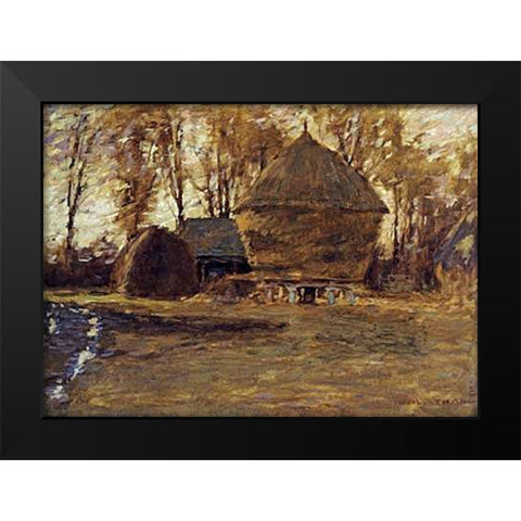 Sussex Hayricks Black Modern Wood Framed Art Print by La Thangue, Henry Herbert