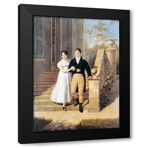 Portrait of a Lady and a Gentleman On The Steps of a Chateau Black Modern Wood Framed Art Print by Lagrenee, Anthelme Francois