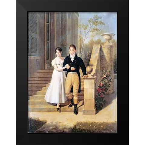 Portrait of a Lady and a Gentleman On The Steps of a Chateau Black Modern Wood Framed Art Print by Lagrenee, Anthelme Francois