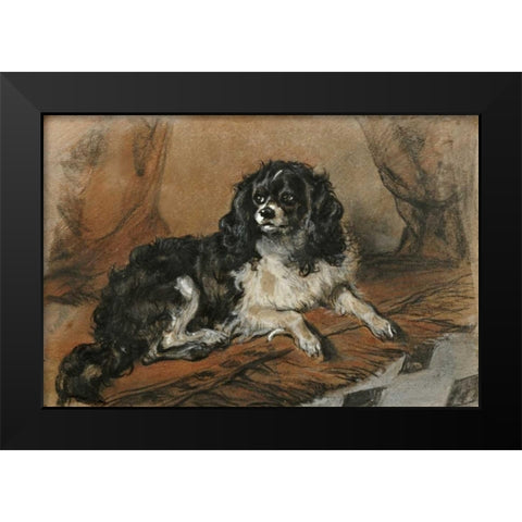 A King Charles Spaniel Black Modern Wood Framed Art Print by Landseer, Sir Edwin
