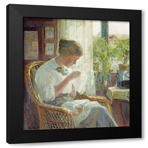 The Seamstress Black Modern Wood Framed Art Print with Double Matting by Larsen, Knud Erik
