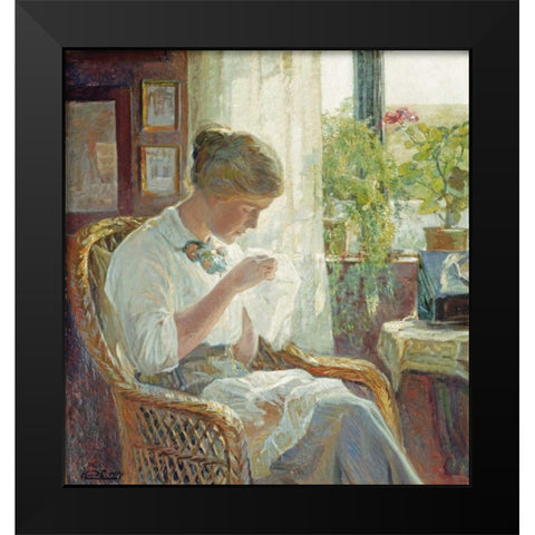 The Seamstress Black Modern Wood Framed Art Print by Larsen, Knud Erik