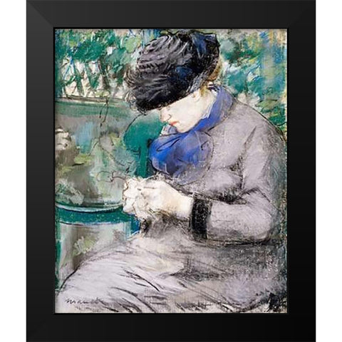 Girl Sitting in the Garden Knitting, 1879 Black Modern Wood Framed Art Print by Manet, Edouard