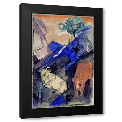 Two Cattle In a Hilly Landscape Black Modern Wood Framed Art Print by Marc, Franz