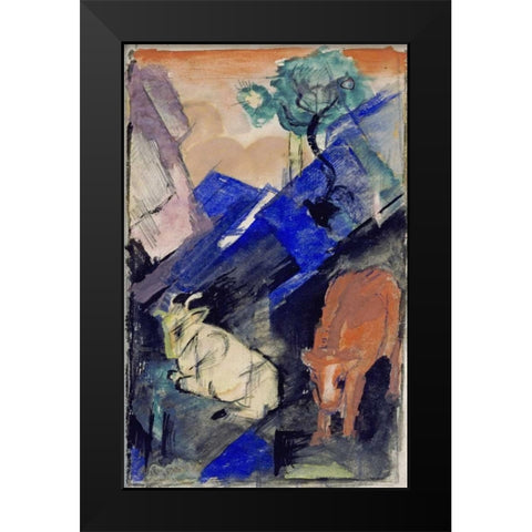 Two Cattle In a Hilly Landscape Black Modern Wood Framed Art Print by Marc, Franz