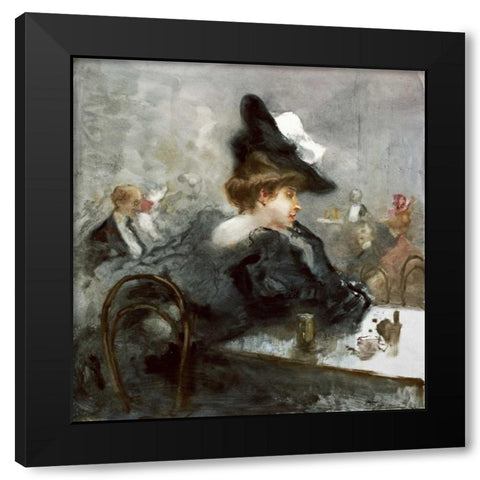 Elegant Lady In Black In a Caf?? Black Modern Wood Framed Art Print with Double Matting by Mariani, Pompeo