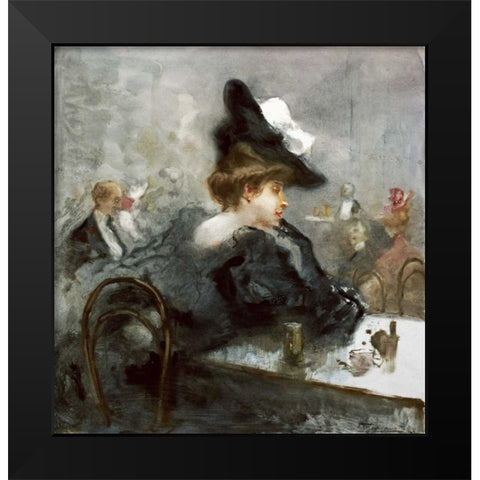 Elegant Lady In Black In a Caf?? Black Modern Wood Framed Art Print by Mariani, Pompeo