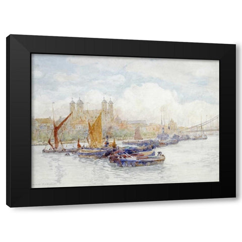 The Tower of London From The Thames Black Modern Wood Framed Art Print with Double Matting by Marshall, Herbert Menzies