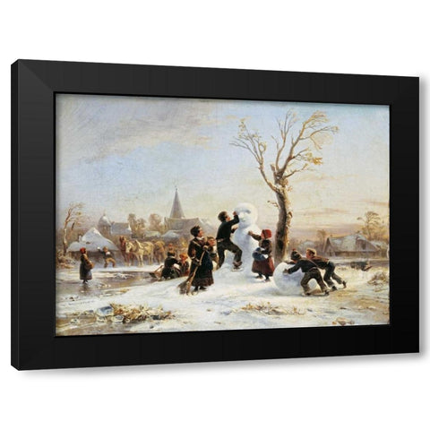 The Village Snowman Black Modern Wood Framed Art Print by Meyerheim, Wilhelm Alexander