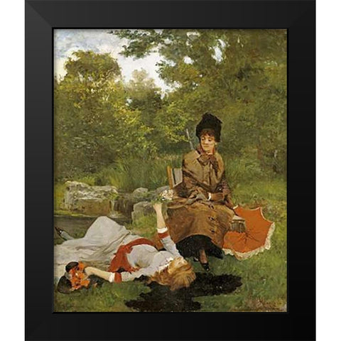 On The River Bank Black Modern Wood Framed Art Print by Miralles y Galup, Francisco