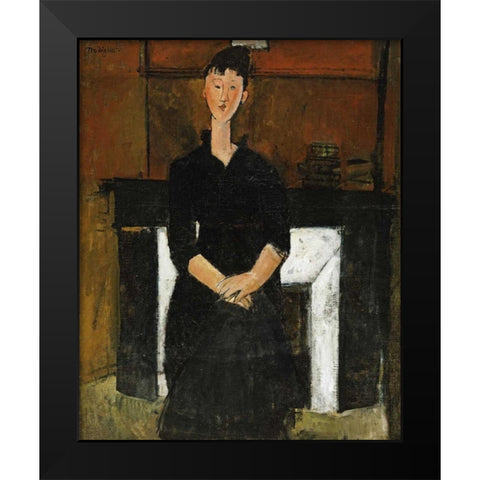 Woman Sat By a Fireplace Black Modern Wood Framed Art Print by Modigliani, Amedeo