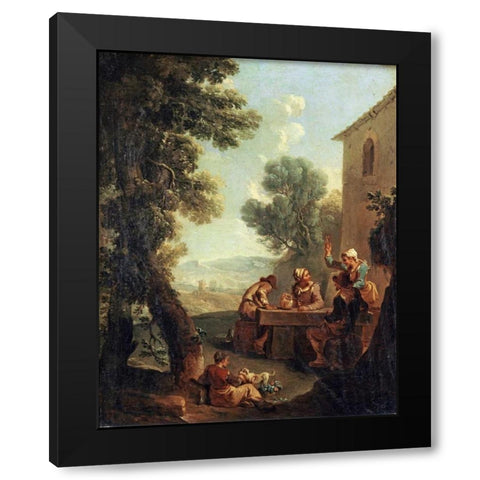 Peasants Drinking By a Farmhouse Black Modern Wood Framed Art Print by Monaldi, Paolo