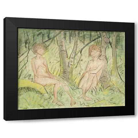Two Women In The Forest Black Modern Wood Framed Art Print with Double Matting by Mueller, Otto
