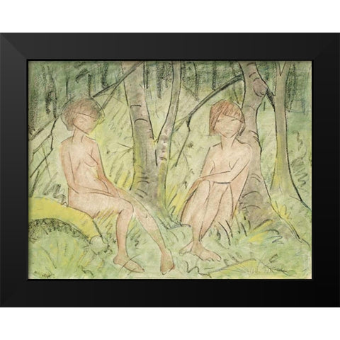 Two Women In The Forest Black Modern Wood Framed Art Print by Mueller, Otto