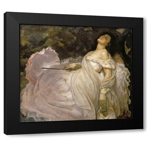 A Lady Reclining In The Shade Black Modern Wood Framed Art Print with Double Matting by Muntanet, Miguel