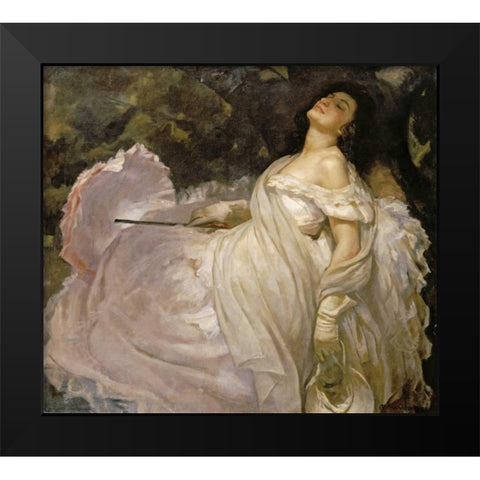 A Lady Reclining In The Shade Black Modern Wood Framed Art Print by Muntanet, Miguel