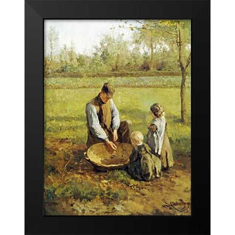 Watching Father Work Black Modern Wood Framed Art Print by Neuhuijs, Albert